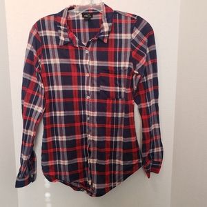 Red and blue plaid button up shirt